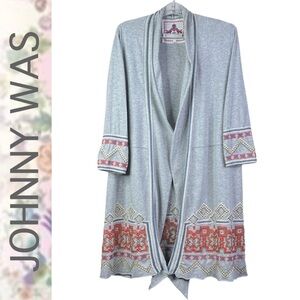 Johnny Was Drape Cardigan Open Front Boho Embroidered Duster Long Sleeve Gray S